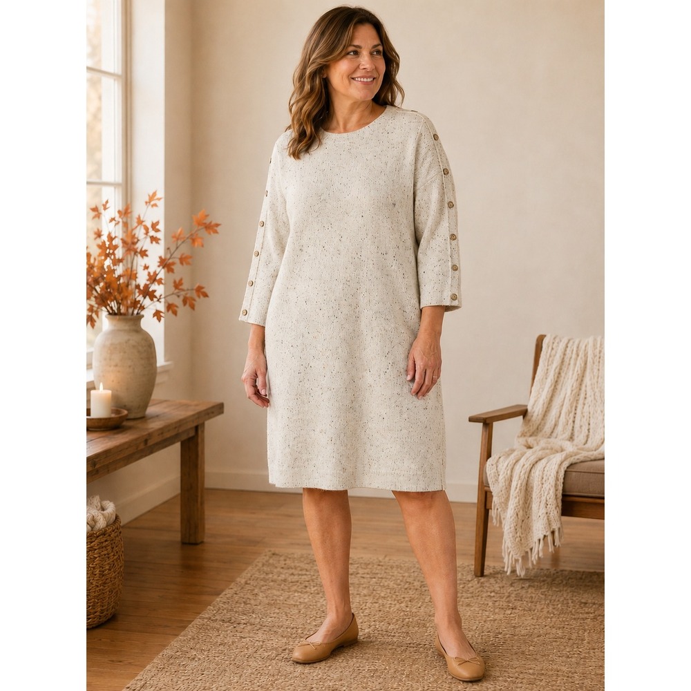 LOFT Sweater Dress Women XL Cream Marled Button Long Sleeve Knit Crew Neck